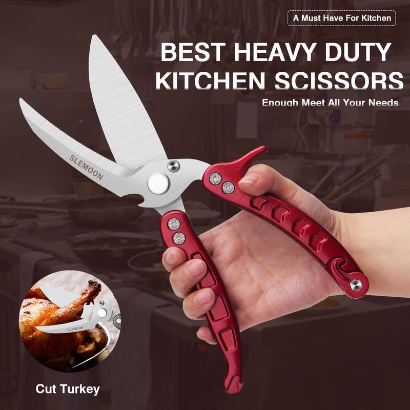 SLEMOON Heavy Duty Poultry Shears Kitchen Salad Scissors for Chicken Turkey Meat Herb Vegetable 2pcs set Burgundy - Image 2